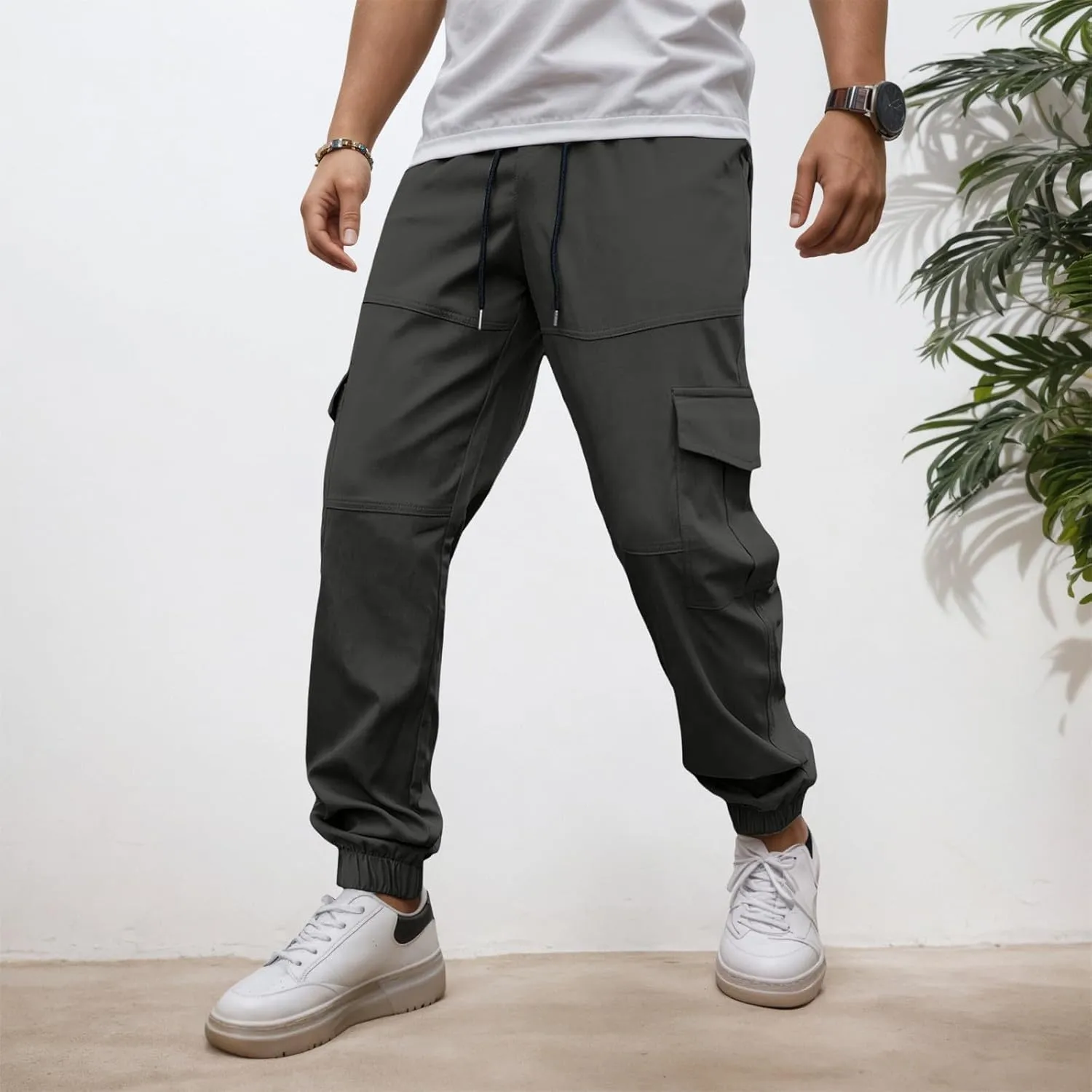 Men's Cargo Pants with Pockets Elastic Waisted Vintage Casual Harem Pants Drawstring Stretch Lightweight Loose Fit Joggers