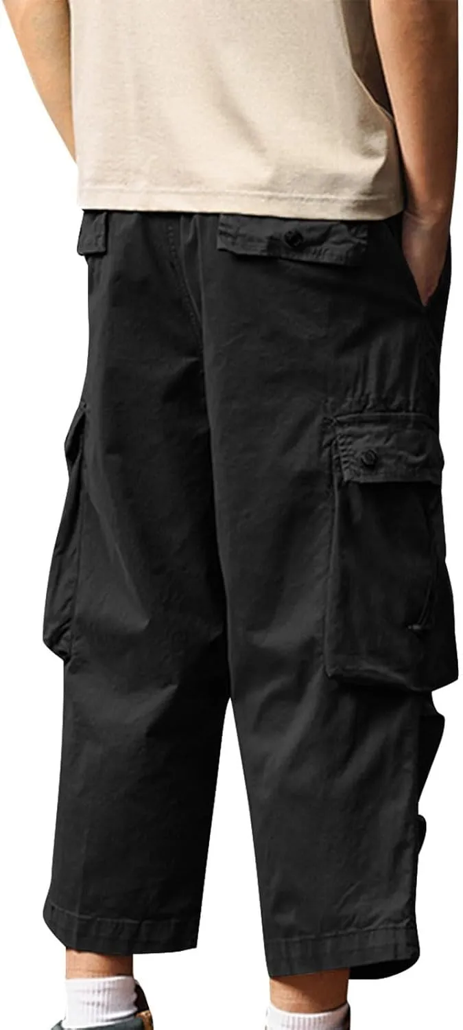 Men's Cargo Shorts Casual Drawstring Elastic 3/4 Capri Pants Lightweight Below Knee Long Shorts with Pockets