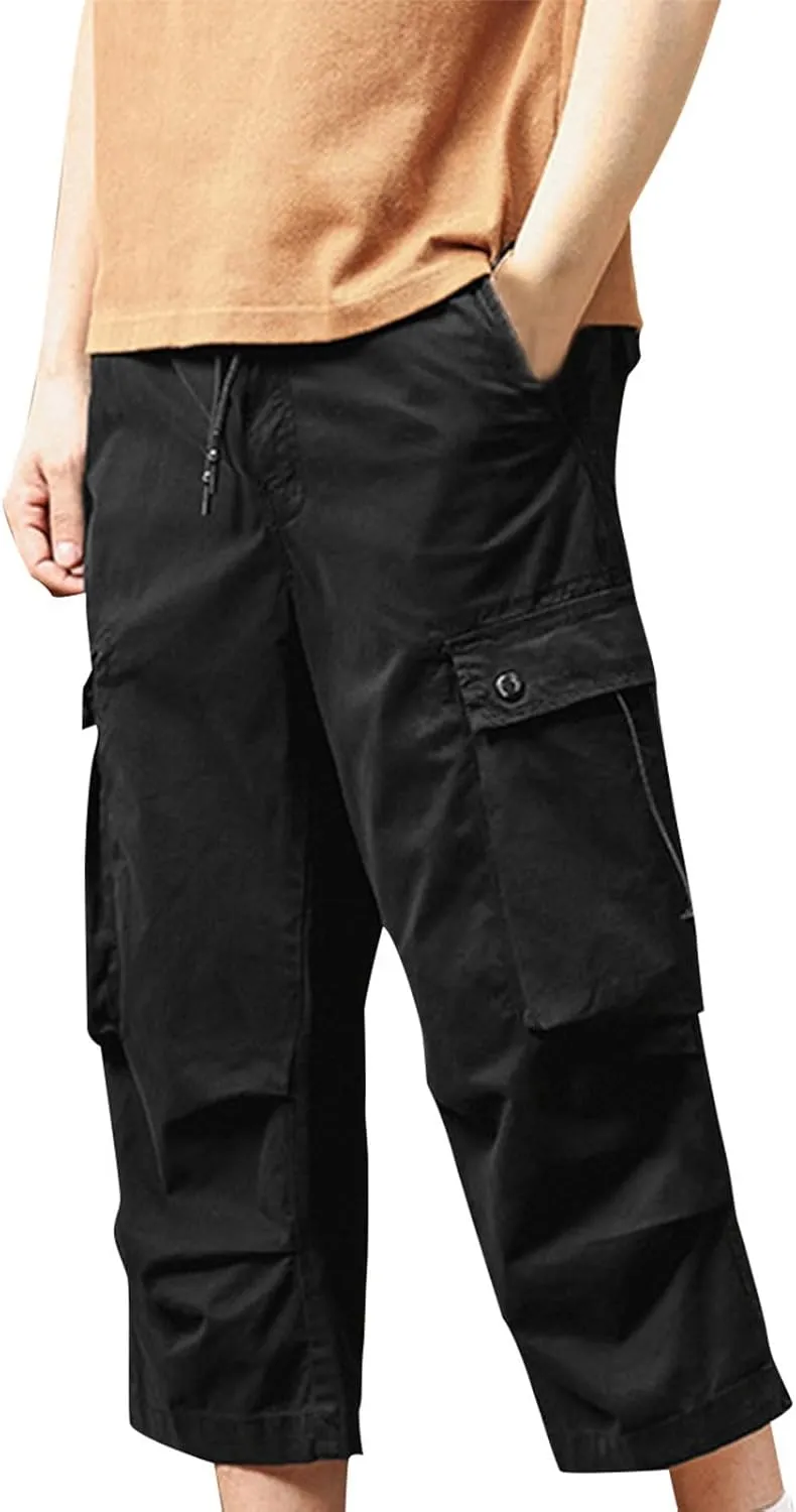 Men's Cargo Shorts Casual Drawstring Elastic 3/4 Capri Pants Lightweight Below Knee Long Shorts with Pockets