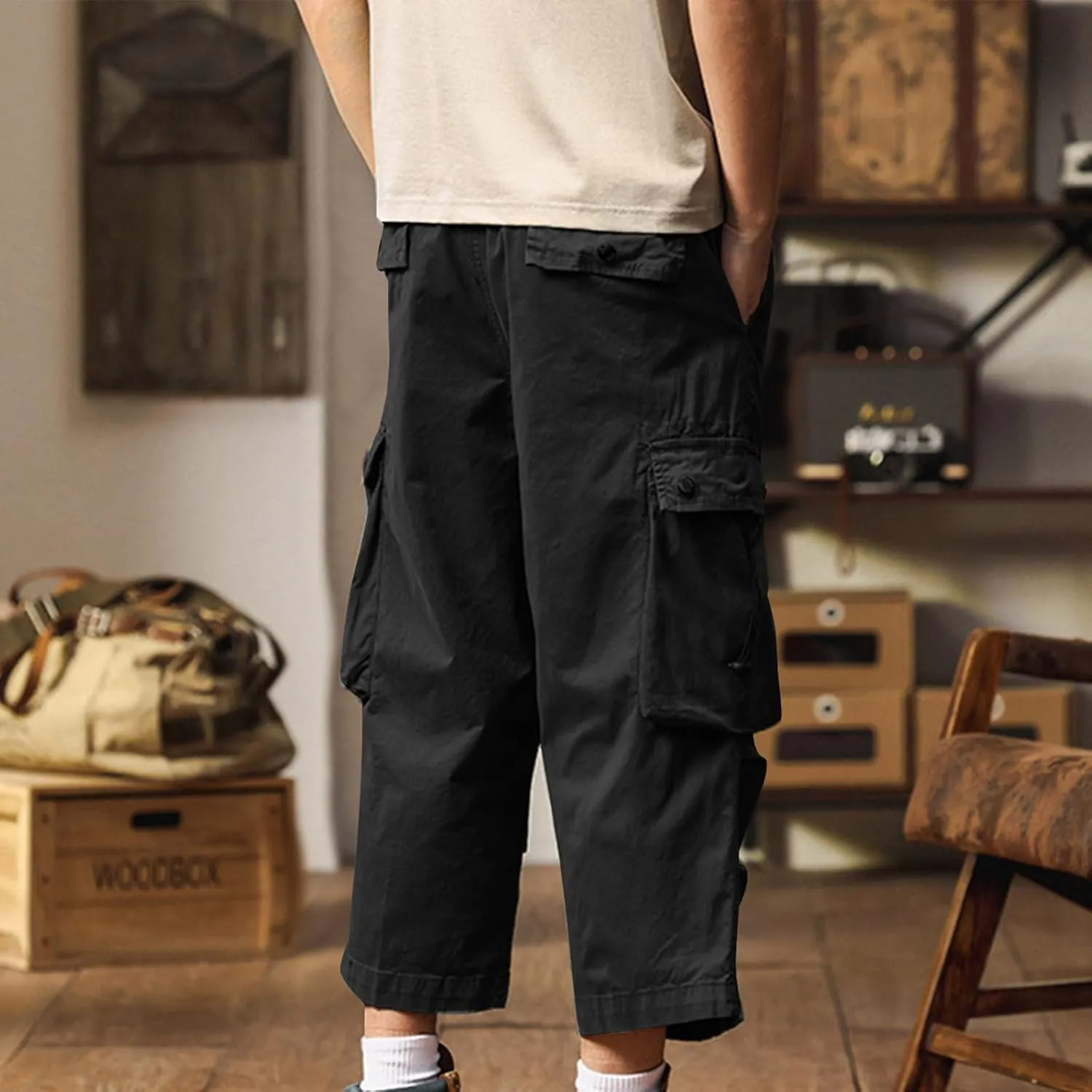 Men's Cargo Shorts Casual Drawstring Elastic 3/4 Capri Pants Lightweight Below Knee Long Shorts with Pockets