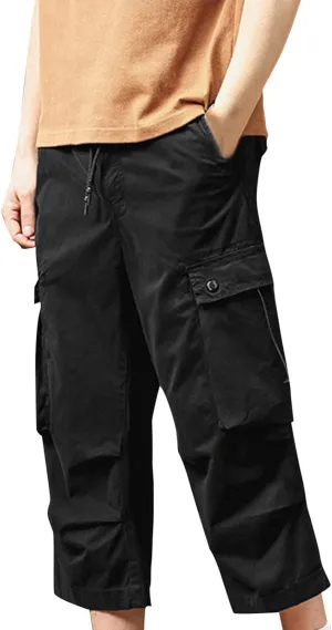 Men's Cargo Shorts Casual Drawstring Elastic 3/4 Capri Pants Lightweight Below Knee Long Shorts with Pockets
