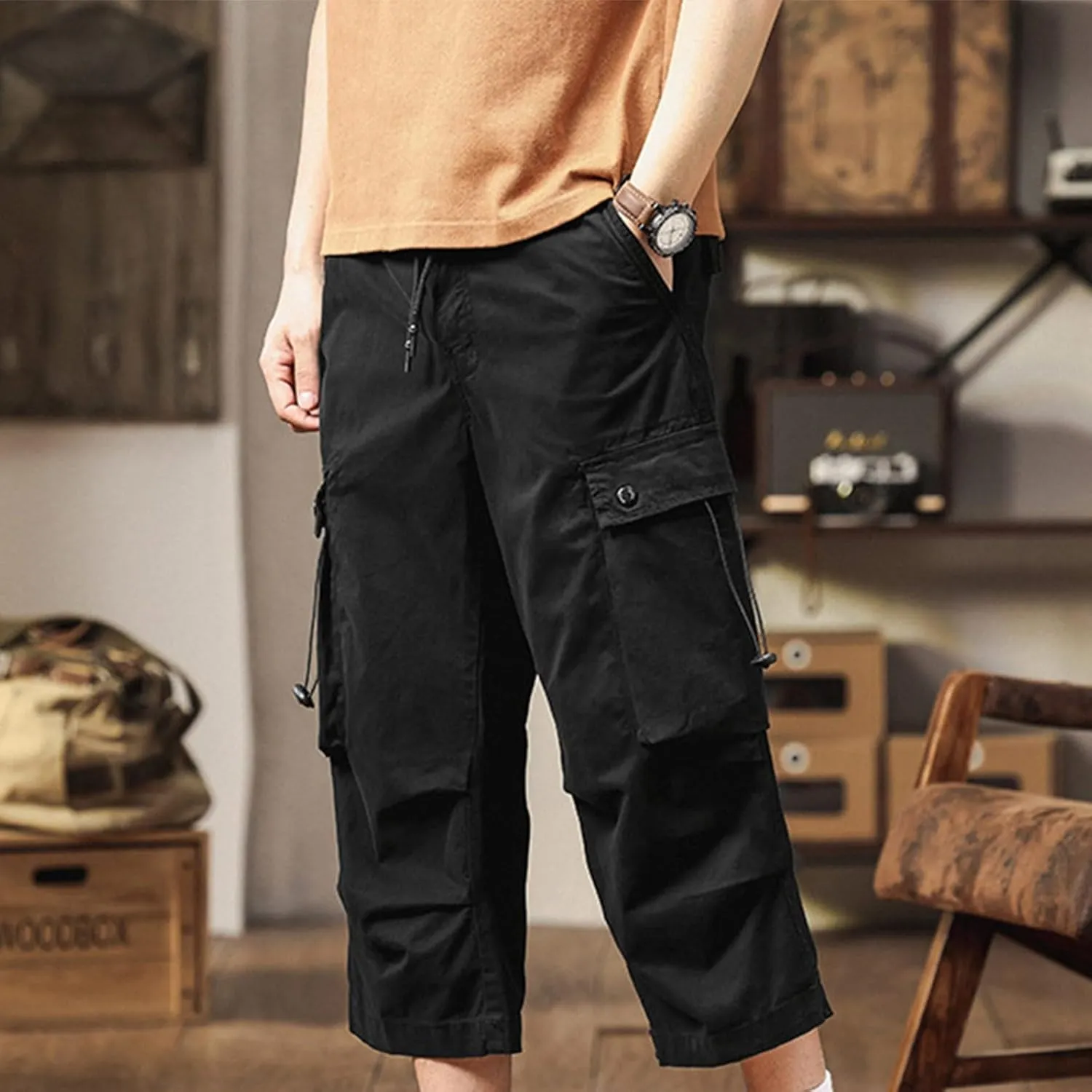 Men's Cargo Shorts Casual Drawstring Elastic 3/4 Capri Pants Lightweight Below Knee Long Shorts with Pockets