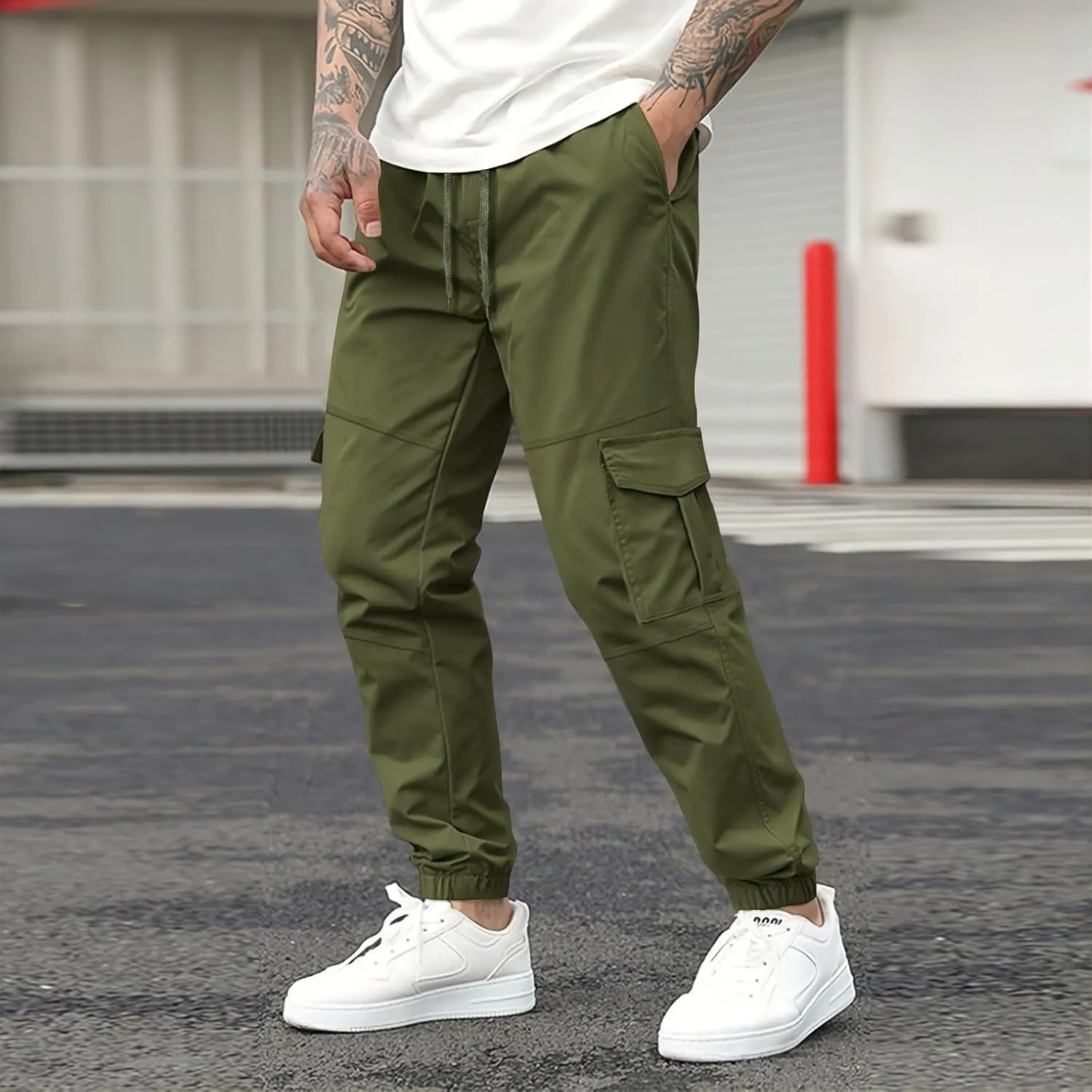 Men's Casual Cargo Pants Slim Fit Elastic Waisted Cargo Sweatpants Lightweight Drawstring Outdoot Tactical Pants with Pockets