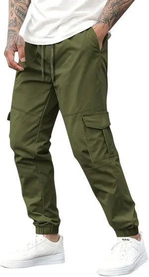 Men's Casual Cargo Pants Slim Fit Elastic Waisted Cargo Sweatpants Lightweight Drawstring Outdoot Tactical Pants with Pockets