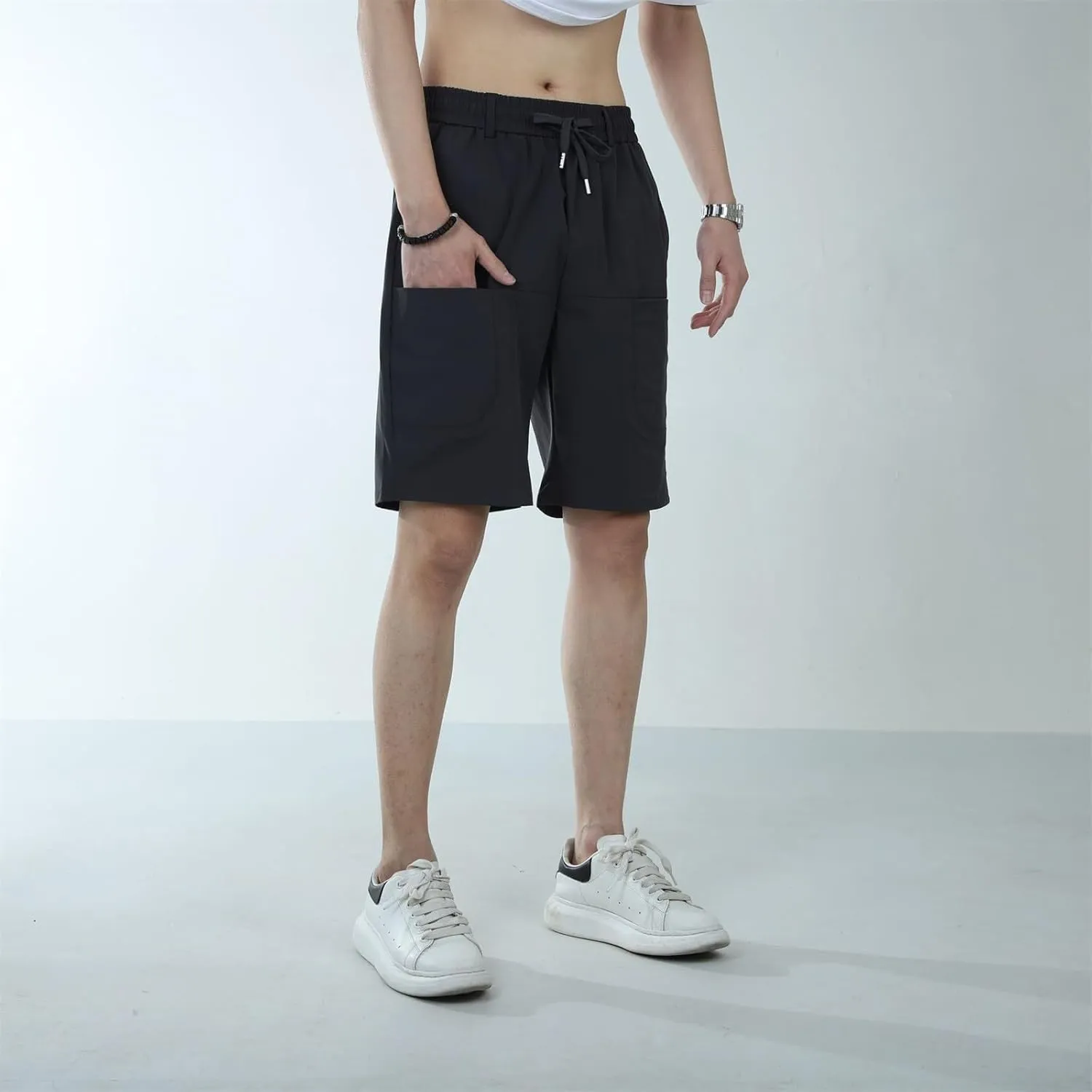 Mens Casual Fashion Capri Pants Summer Hip-Hop Solid Color Drawstring Waisted Running Sport Sweatpants with Pockets