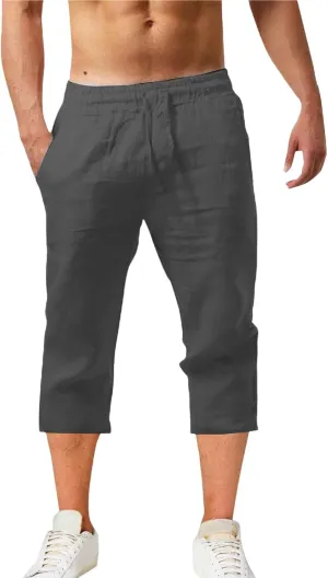 Mens Casual Fashion Capri Pants Summer Hip-Hop Solid Color Drawstring Waisted Running Sport Sweatpants with Pockets