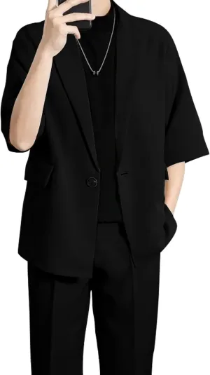 Mens Casual Suit 2 Piece Summer Suit Slim Fit Party Prom Suit Outfit Tuxedo Short Sleeve Suit Jacket Pants Set