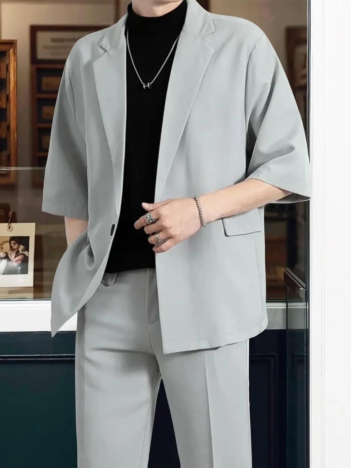 Mens Casual Suit 2 Piece Summer Suit Slim Fit Party Prom Suit Outfit Tuxedo Short Sleeve Suit Jacket Pants Set