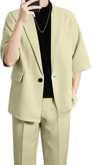 Mens Casual Suit 2 Piece Summer Suit Slim Fit Party Prom Suit Outfit Tuxedo Short Sleeve Suit Jacket Pants Set