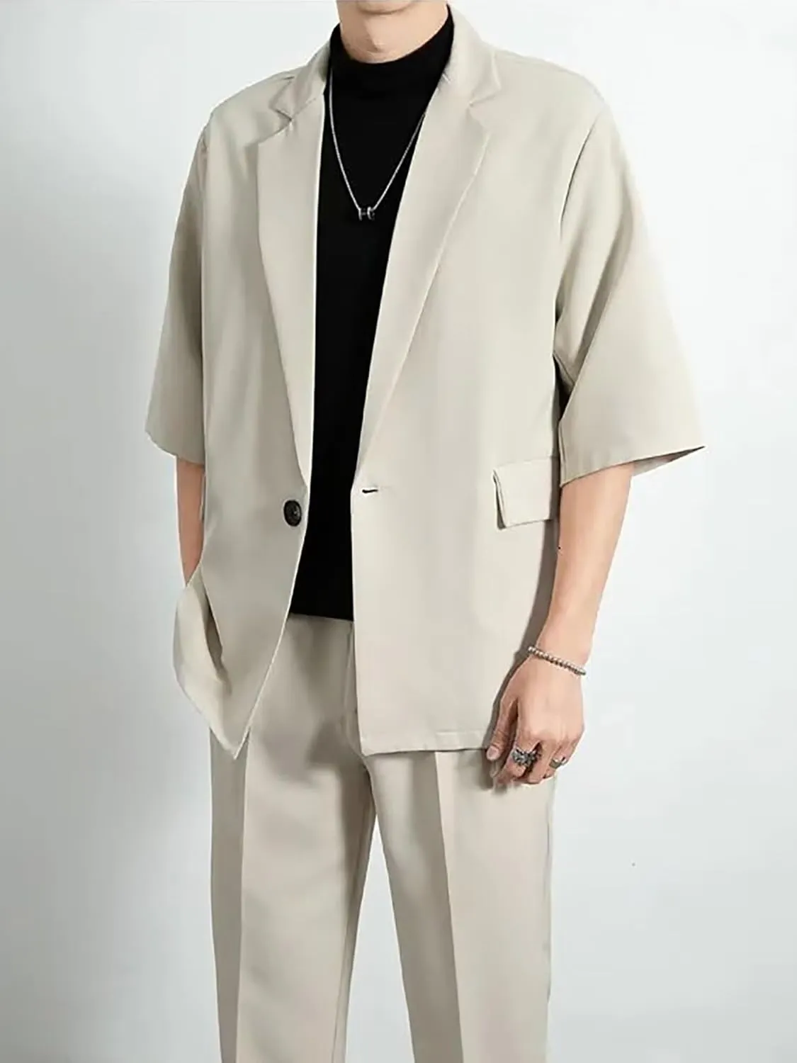 Mens Casual Suit 2 Piece Summer Suit Slim Fit Party Prom Suit Outfit Tuxedo Short Sleeve Suit Jacket Pants Set