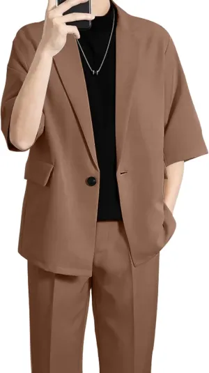 Mens Casual Suit 2 Piece Summer Suit Slim Fit Party Prom Suit Outfit Tuxedo Short Sleeve Suit Jacket Pants Set