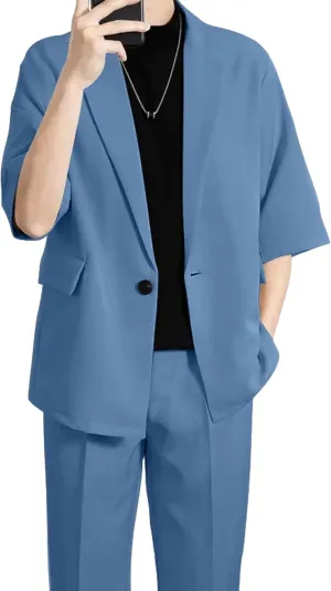 Mens Casual Suit 2 Piece Summer Suit Slim Fit Party Prom Suit Outfit Tuxedo Short Sleeve Suit Jacket Pants Set