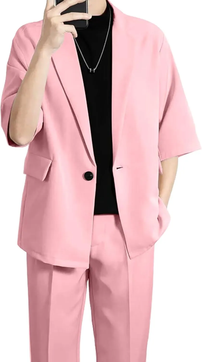 Mens Casual Suit 2 Piece Summer Suit Slim Fit Party Prom Suit Outfit Tuxedo Short Sleeve Suit Jacket Pants Set