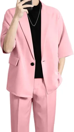 Mens Casual Suit 2 Piece Summer Suit Slim Fit Party Prom Suit Outfit Tuxedo Short Sleeve Suit Jacket Pants Set