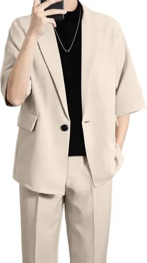 Mens Casual Suit 2 Piece Summer Suit Slim Fit Party Prom Suit Outfit Tuxedo Short Sleeve Suit Jacket Pants Set