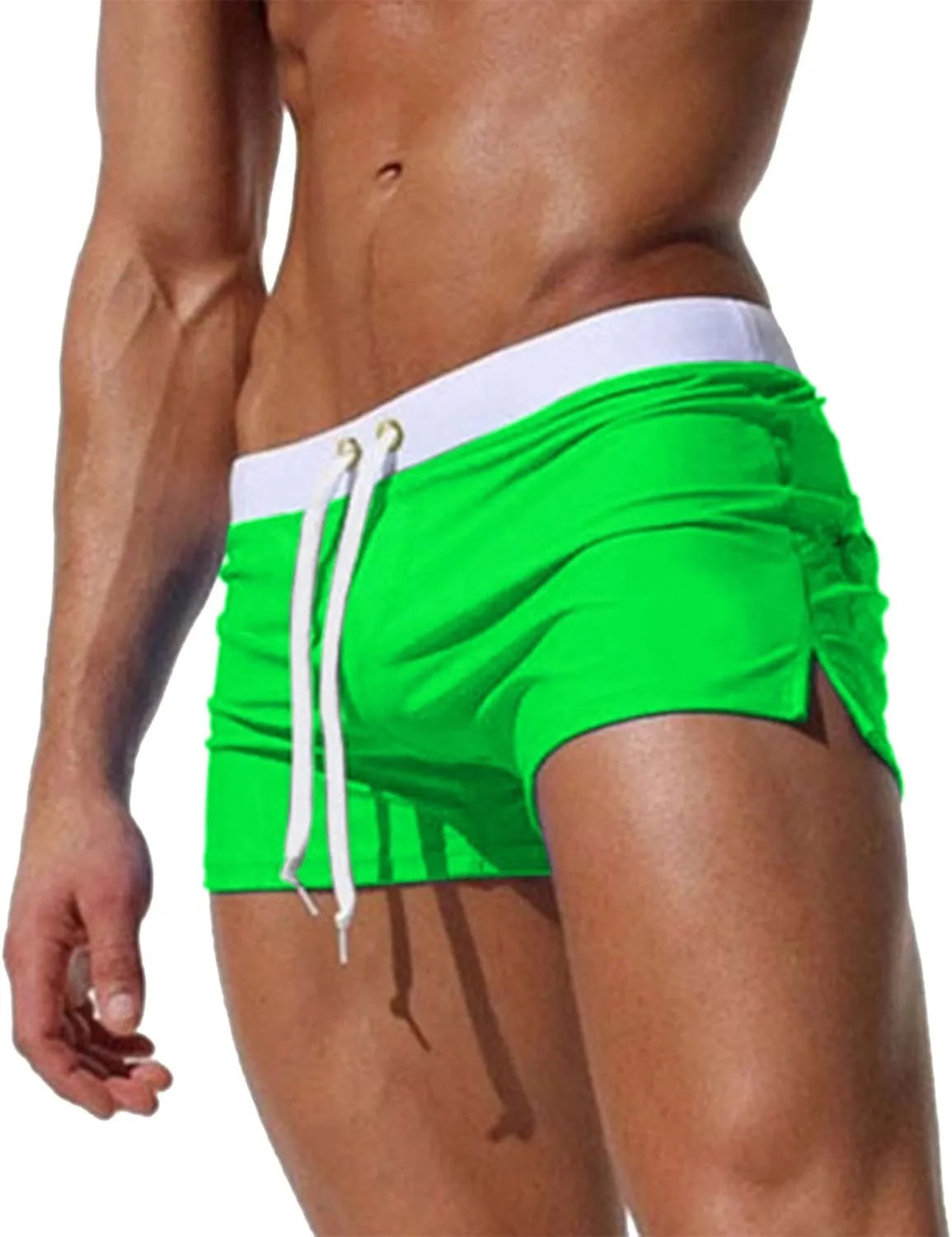 Men's Classic Solid Square Cut Swimwear Side Slit Sexy Tight Swimming Trunks Tan Through Bikini Swim Briefs Summer