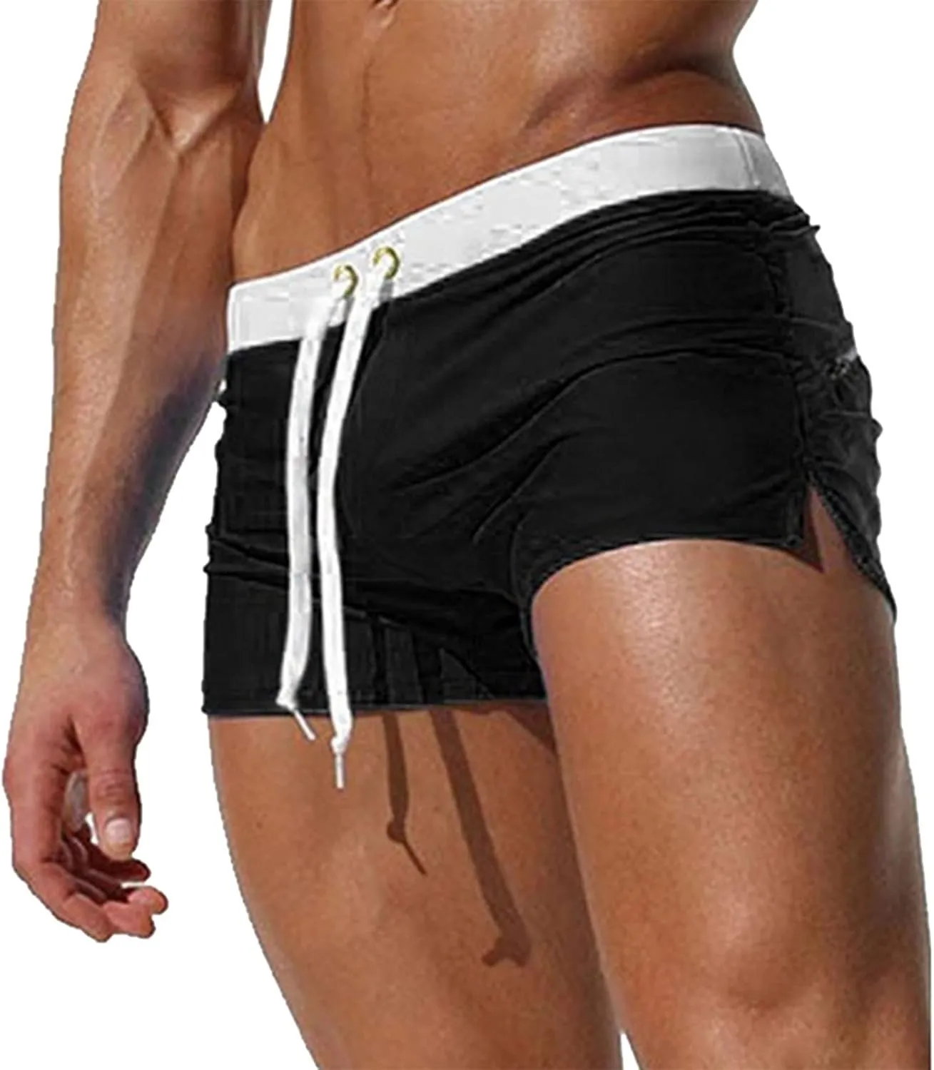 Men's Classic Solid Square Cut Swimwear Side Slit Sexy Tight Swimming Trunks Tan Through Bikini Swim Briefs Summer
