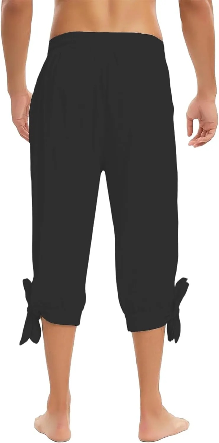 Men's Cotton Linen Capri Pants Below Knee Baggy Summer Harem Capris Drawstring Yoga Beach Short Pants with Pockets
