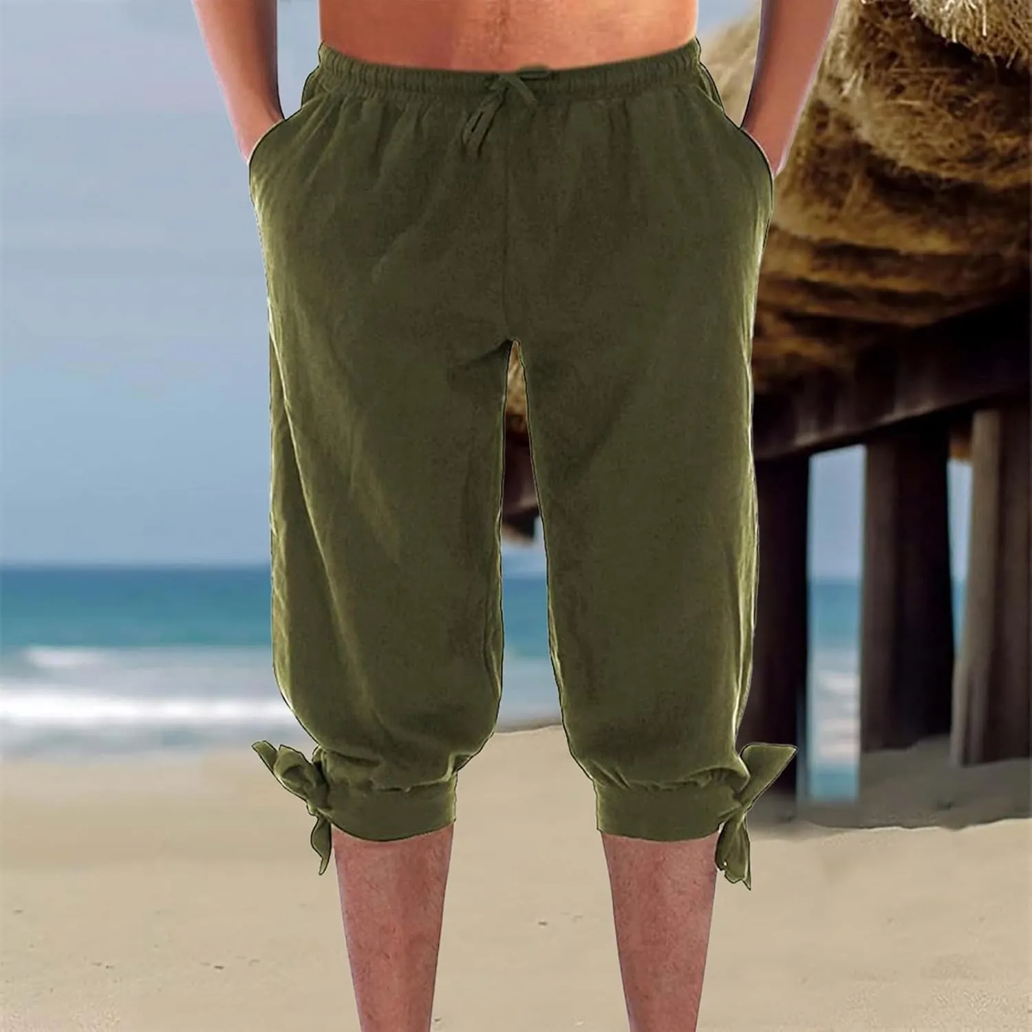 Men's Cotton Linen Capri Pants Below Knee Baggy Summer Harem Capris Drawstring Yoga Beach Short Pants with Pockets