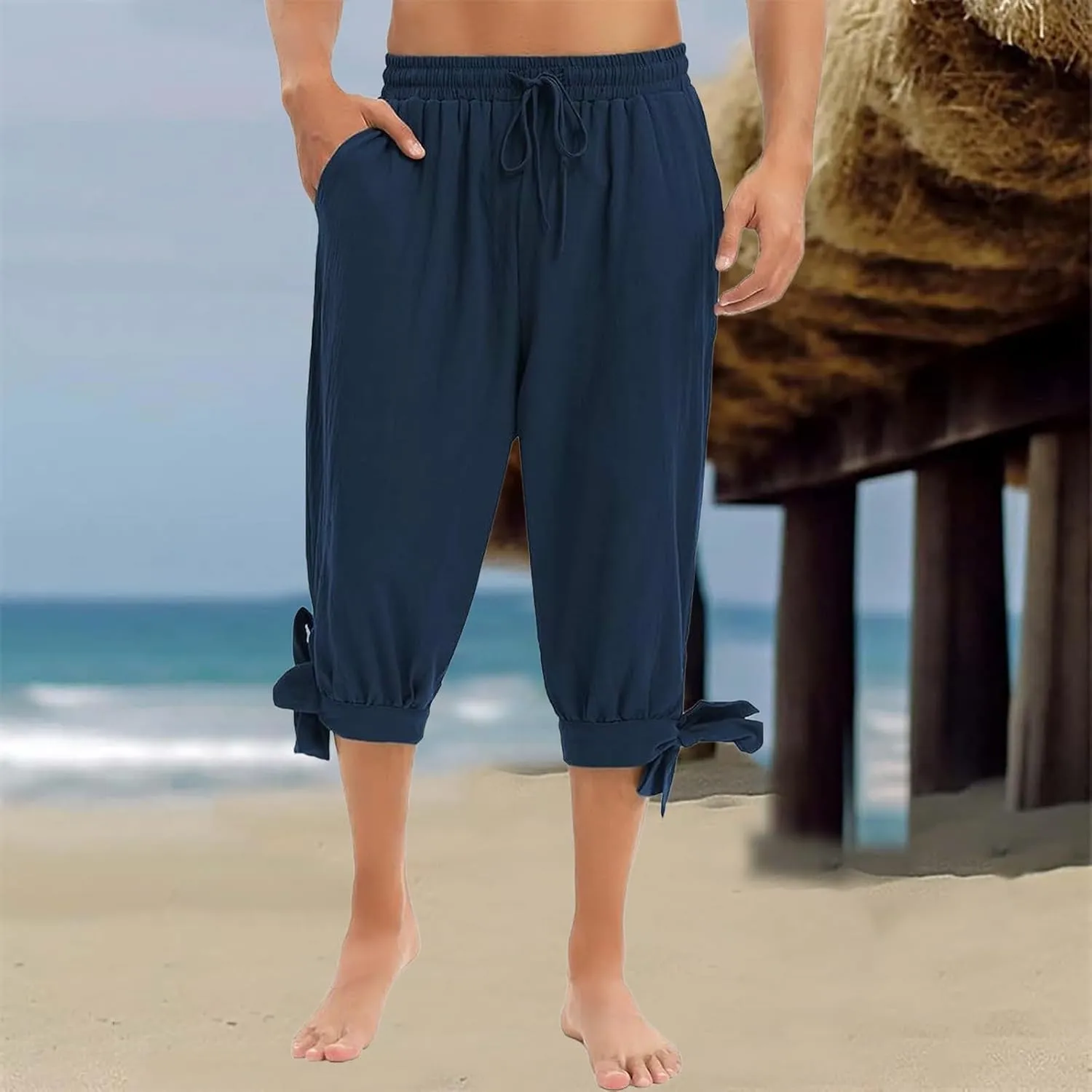 Men's Cotton Linen Capri Pants Below Knee Baggy Summer Harem Capris Drawstring Yoga Beach Short Pants with Pockets