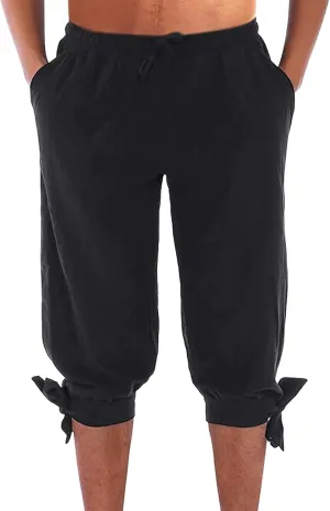 Men's Cotton Linen Capri Pants Below Knee Baggy Summer Harem Capris Drawstring Yoga Beach Short Pants with Pockets