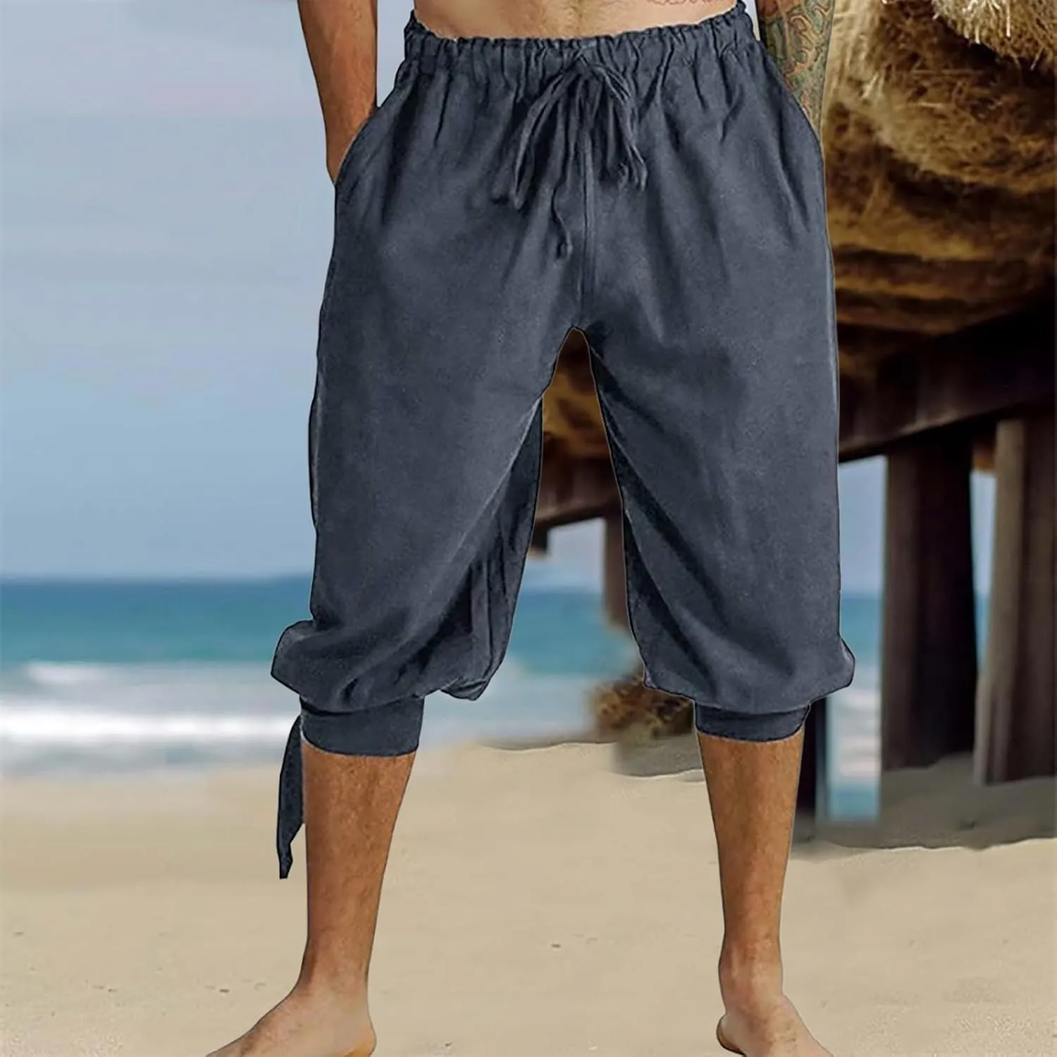 Men's Cotton Linen Capri Pants Below Knee Baggy Summer Harem Capris Drawstring Yoga Beach Short Pants with Pockets