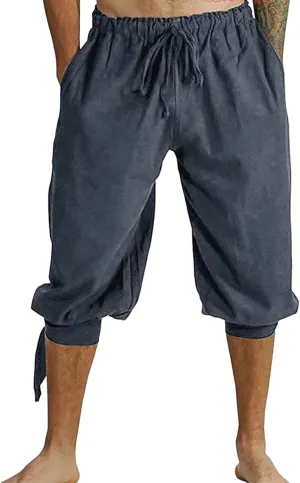 Men's Cotton Linen Capri Pants Below Knee Baggy Summer Harem Capris Drawstring Yoga Beach Short Pants with Pockets