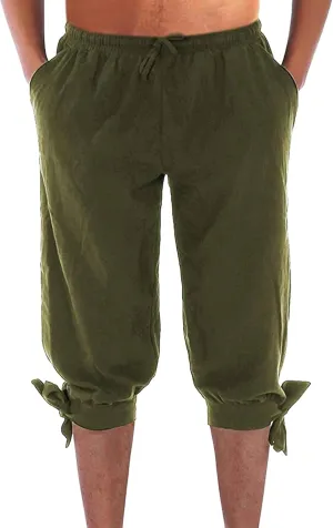 Men's Cotton Linen Capri Pants Below Knee Baggy Summer Harem Capris Drawstring Yoga Beach Short Pants with Pockets