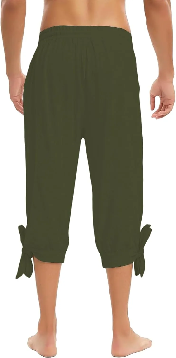 Men's Cotton Linen Capri Pants Below Knee Baggy Summer Harem Capris Drawstring Yoga Beach Short Pants with Pockets