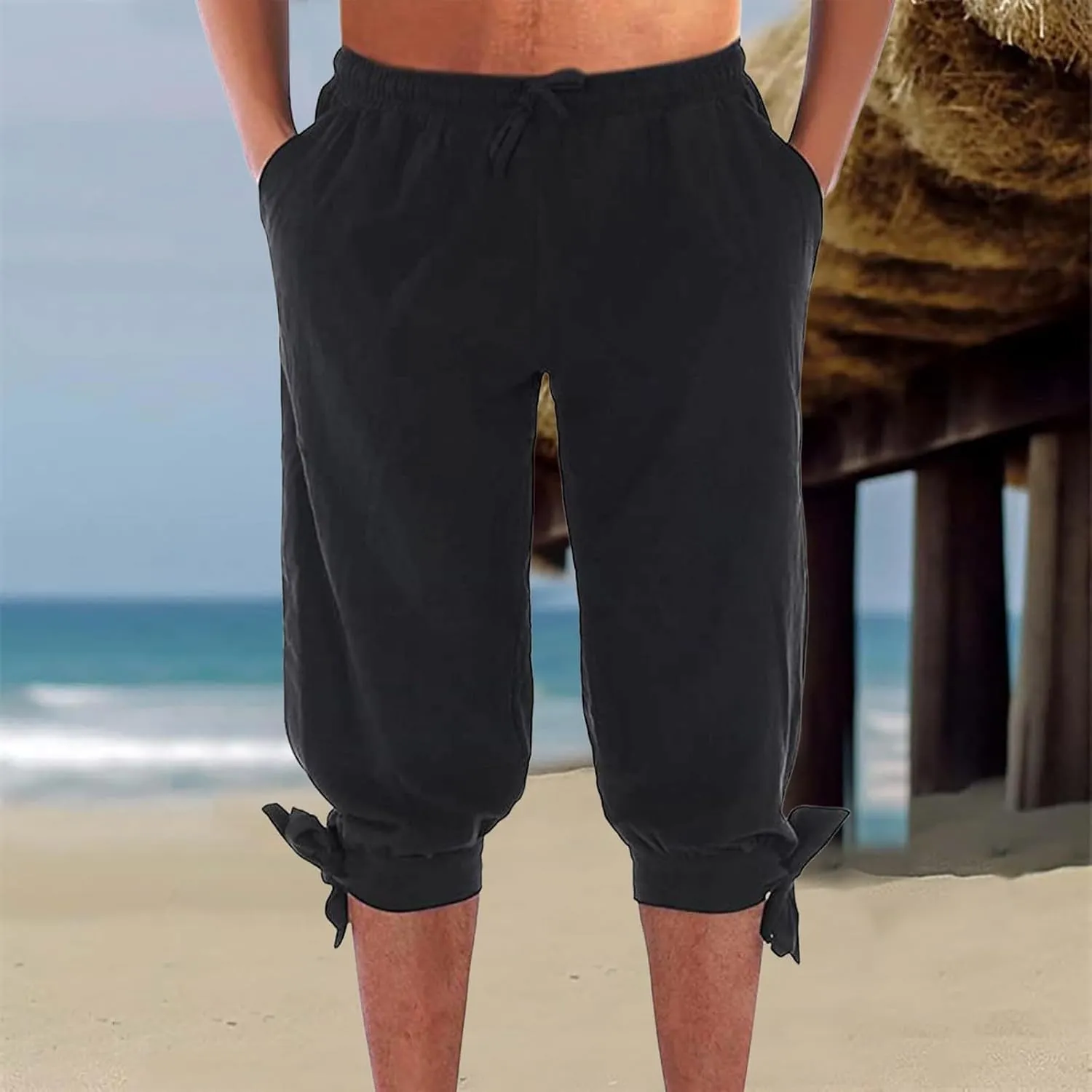Men's Cotton Linen Capri Pants Below Knee Baggy Summer Harem Capris Drawstring Yoga Beach Short Pants with Pockets