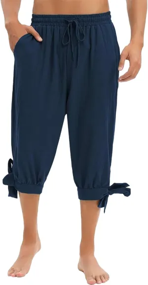 Men's Cotton Linen Capri Pants Below Knee Baggy Summer Harem Capris Drawstring Yoga Beach Short Pants with Pockets
