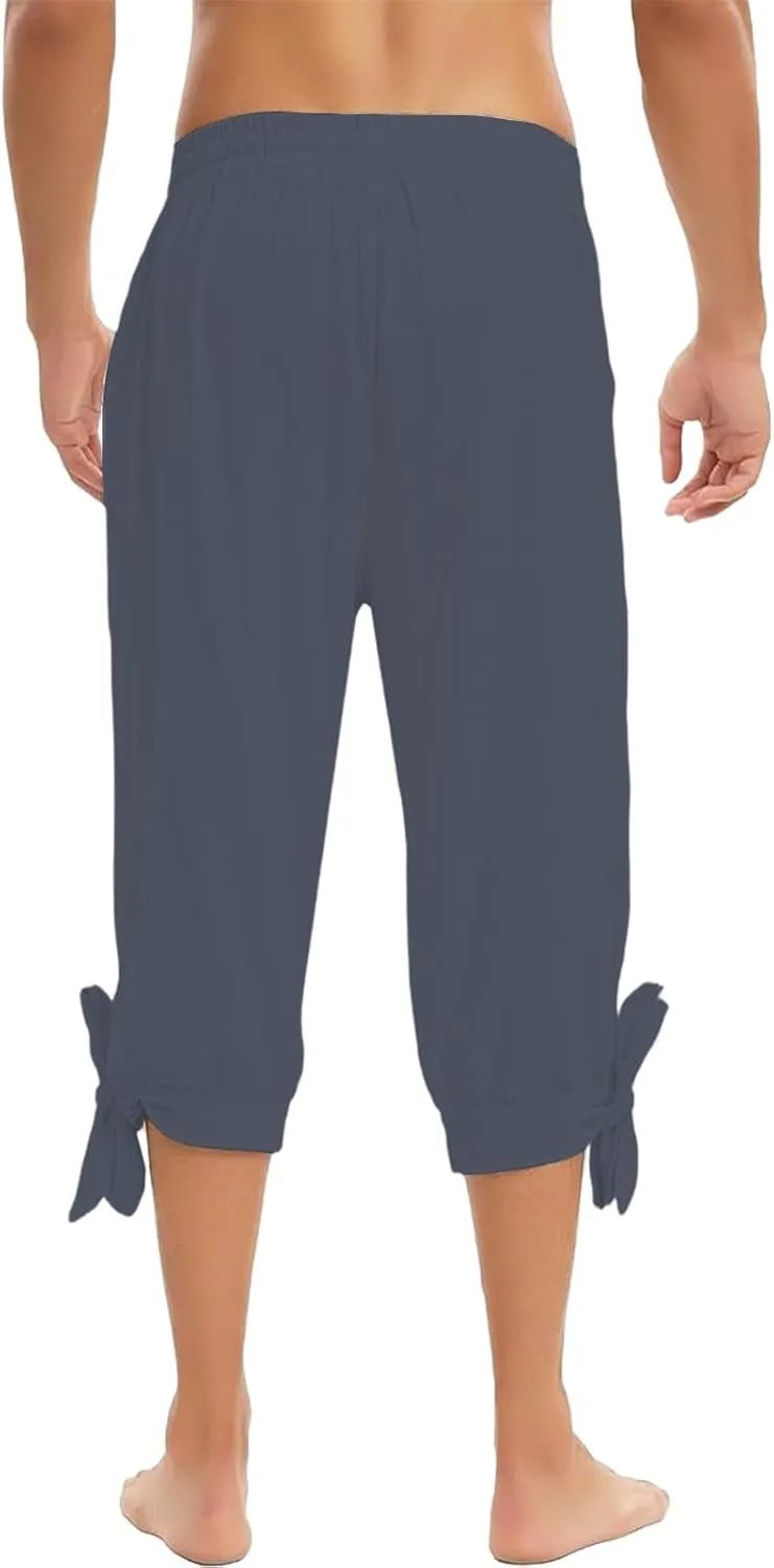 Men's Cotton Linen Capri Pants Below Knee Baggy Summer Harem Capris Drawstring Yoga Beach Short Pants with Pockets