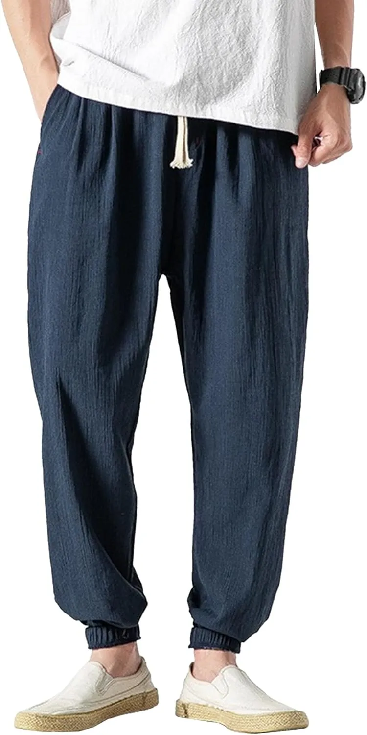 Men's Cotton Linen Lantern Pants Summer Soft Yoga Jogger Slack Casual Elastic Waist Streetwear Trousers
