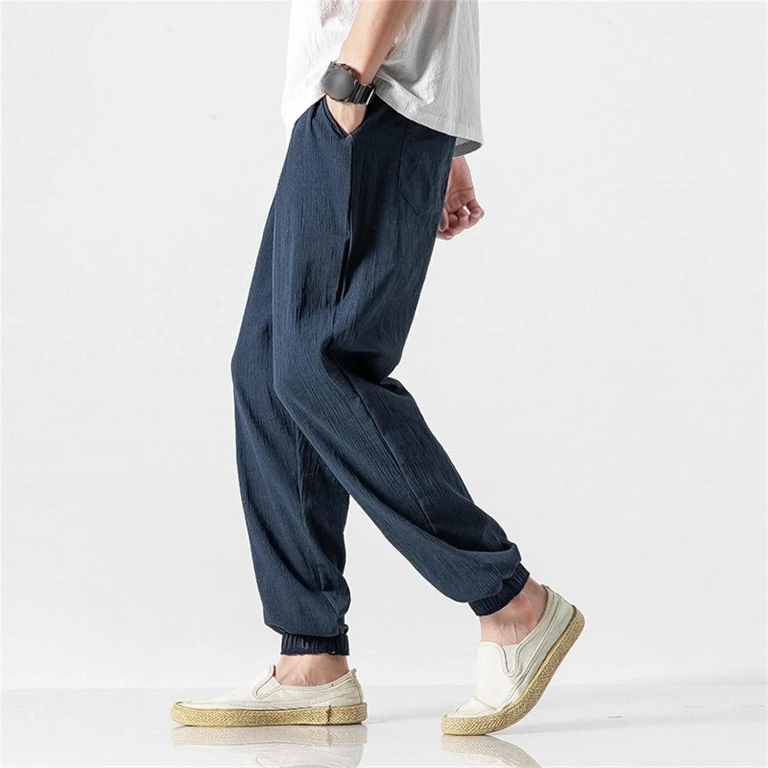 Men's Cotton Linen Lantern Pants Summer Soft Yoga Jogger Slack Casual Elastic Waist Streetwear Trousers