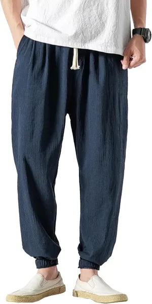 Men's Cotton Linen Lantern Pants Summer Soft Yoga Jogger Slack Casual Elastic Waist Streetwear Trousers