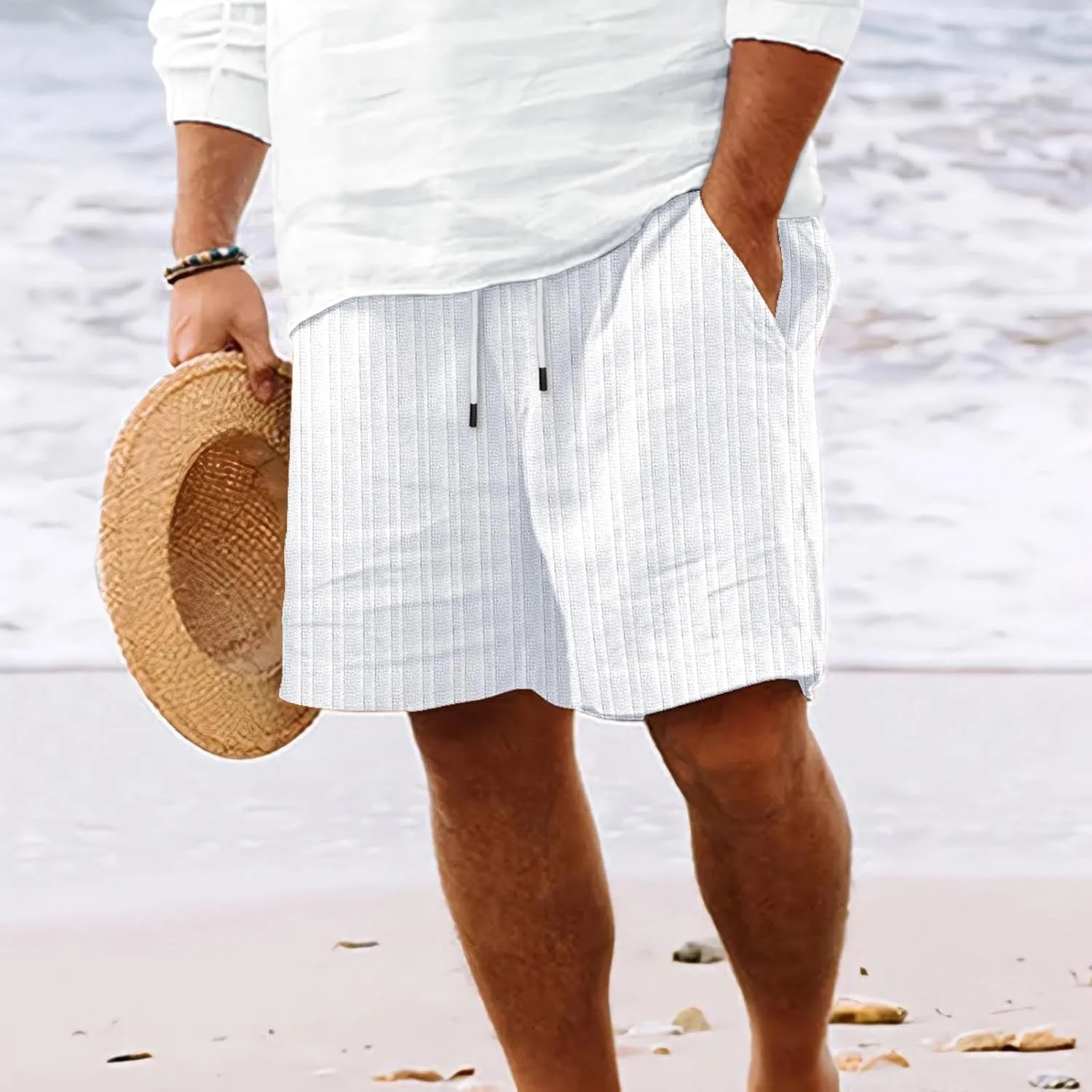Mens Cotton Linen Shorts Casual Elastic Waist Drawstring Bermuda Shorts Lightweight Summer Beach Vacation Pant