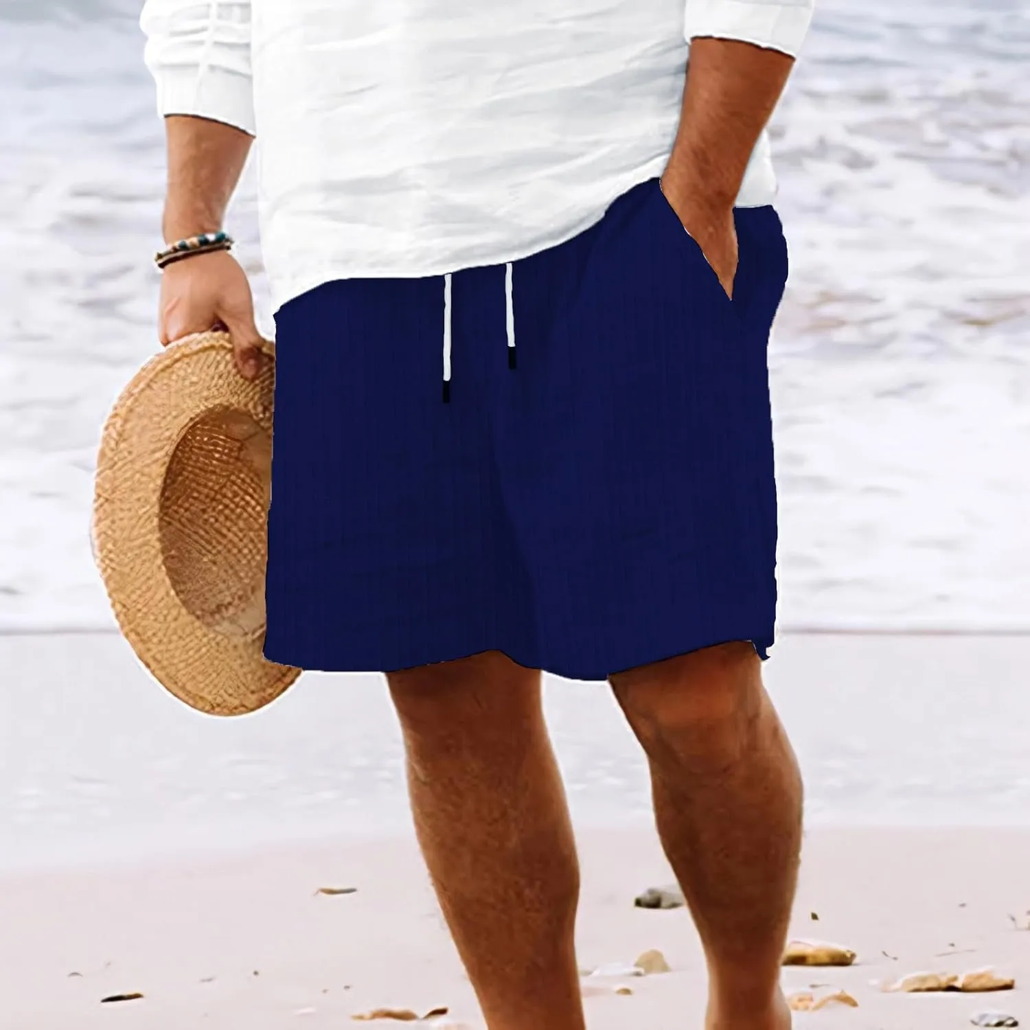 Mens Cotton Linen Shorts Casual Elastic Waist Drawstring Bermuda Shorts Lightweight Summer Beach Vacation Pant