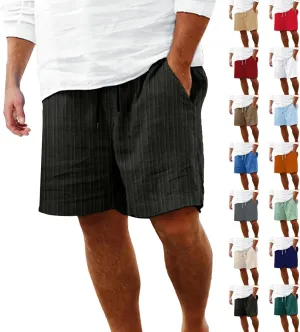 Mens Cotton Linen Shorts Casual Elastic Waist Drawstring Bermuda Shorts Lightweight Summer Beach Vacation Pant
