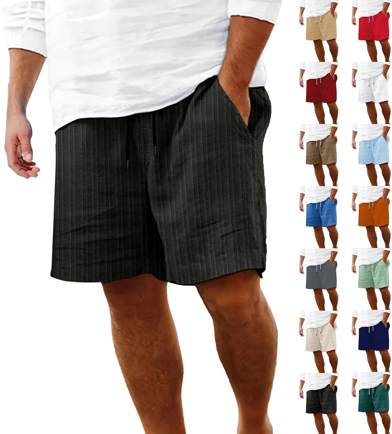 Mens Cotton Linen Shorts Casual Elastic Waist Drawstring Bermuda Shorts Lightweight Summer Beach Vacation Pant