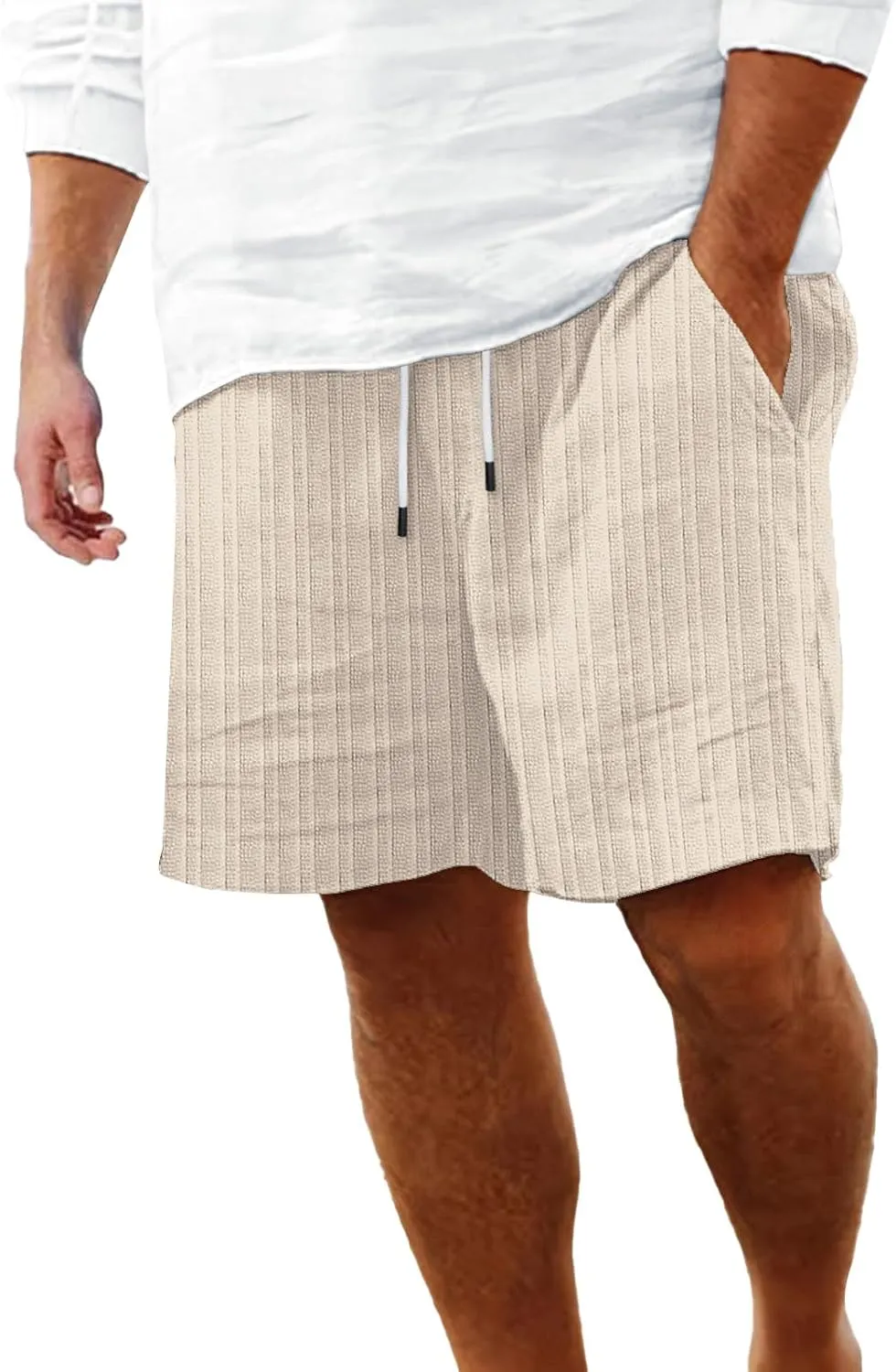 Mens Cotton Linen Shorts Casual Elastic Waist Drawstring Bermuda Shorts Lightweight Summer Beach Vacation Pant