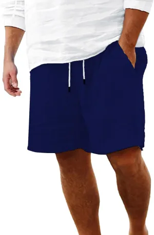 Mens Cotton Linen Shorts Casual Elastic Waist Drawstring Bermuda Shorts Lightweight Summer Beach Vacation Pant