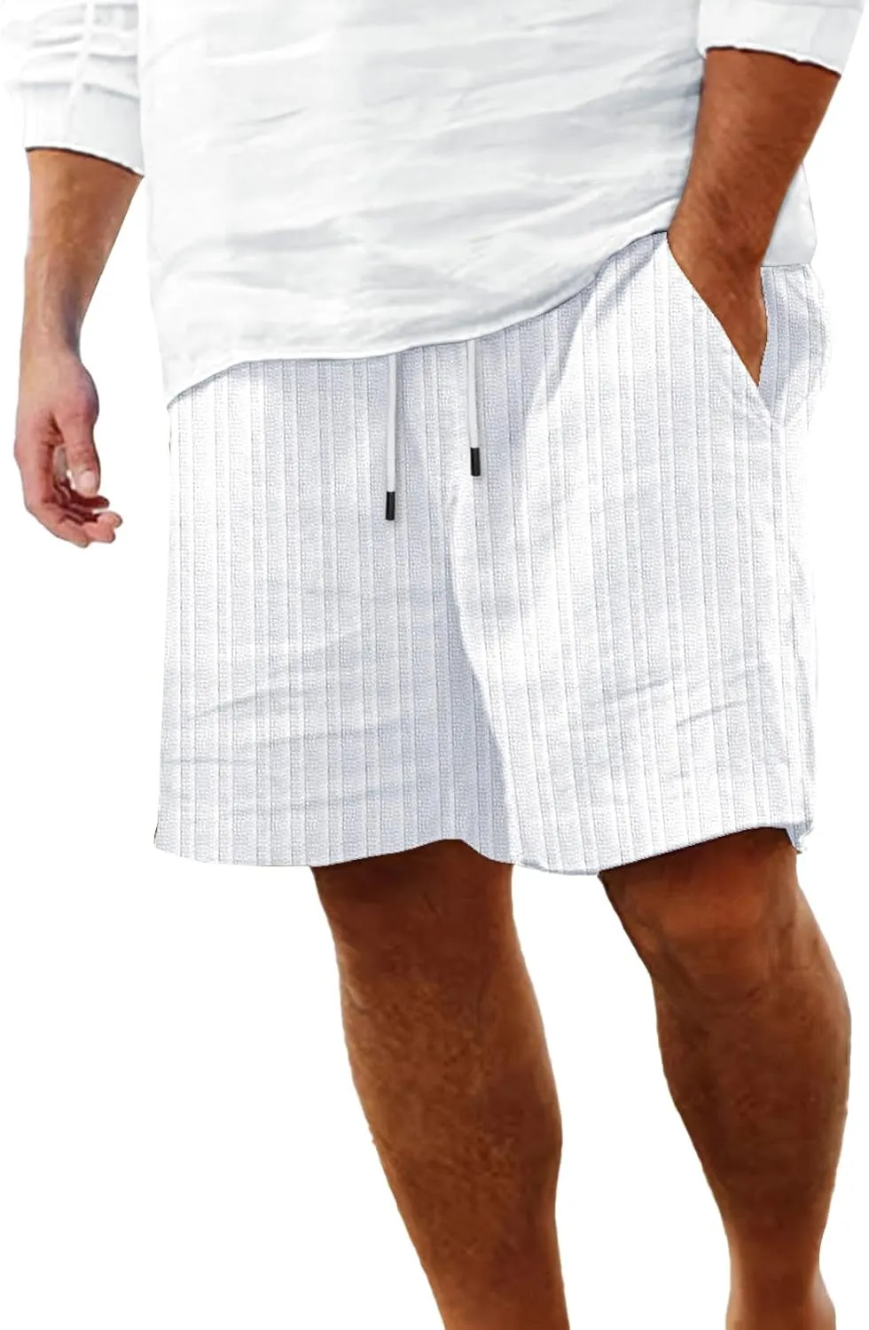 Mens Cotton Linen Shorts Casual Elastic Waist Drawstring Bermuda Shorts Lightweight Summer Beach Vacation Pant