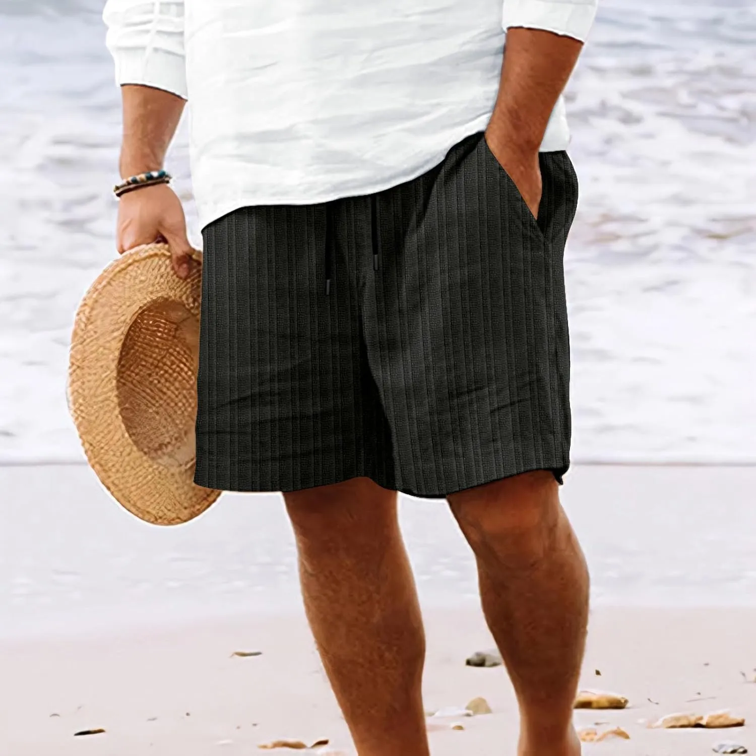 Mens Cotton Linen Shorts Casual Elastic Waist Drawstring Bermuda Shorts Lightweight Summer Beach Vacation Pant