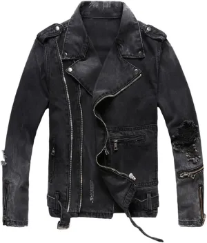 Men's Denim Biker JacketVintage Black Gray Spliced Ripped Hip Hop Coat