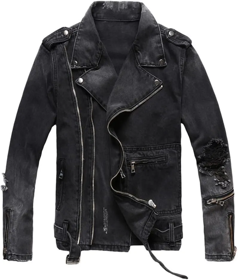 Men's Denim Biker JacketVintage Black Gray Spliced Ripped Hip Hop Coat