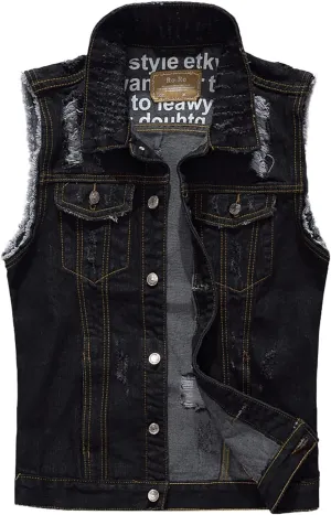 Men's Denim Vest Casual Slim Fit Button Down Sleeveless Jean Vest Jacket Vintage Distressed Denim Waistcoat Outerwear