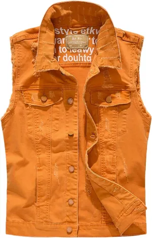 Men's Denim Vest Casual Slim Fit Button Down Sleeveless Jean Vest Jacket Vintage Distressed Denim Waistcoat Outerwear