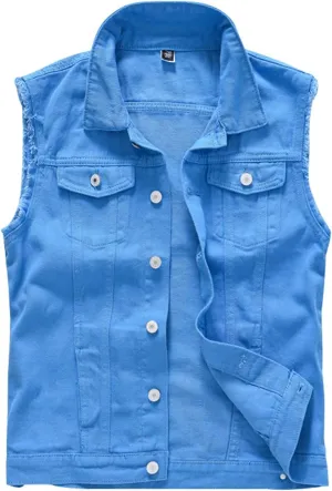 Men's Denim Vest Casual Slim Fit Button Down Sleeveless Jean Vest Jacket Vintage Distressed Denim Waistcoat Outerwear