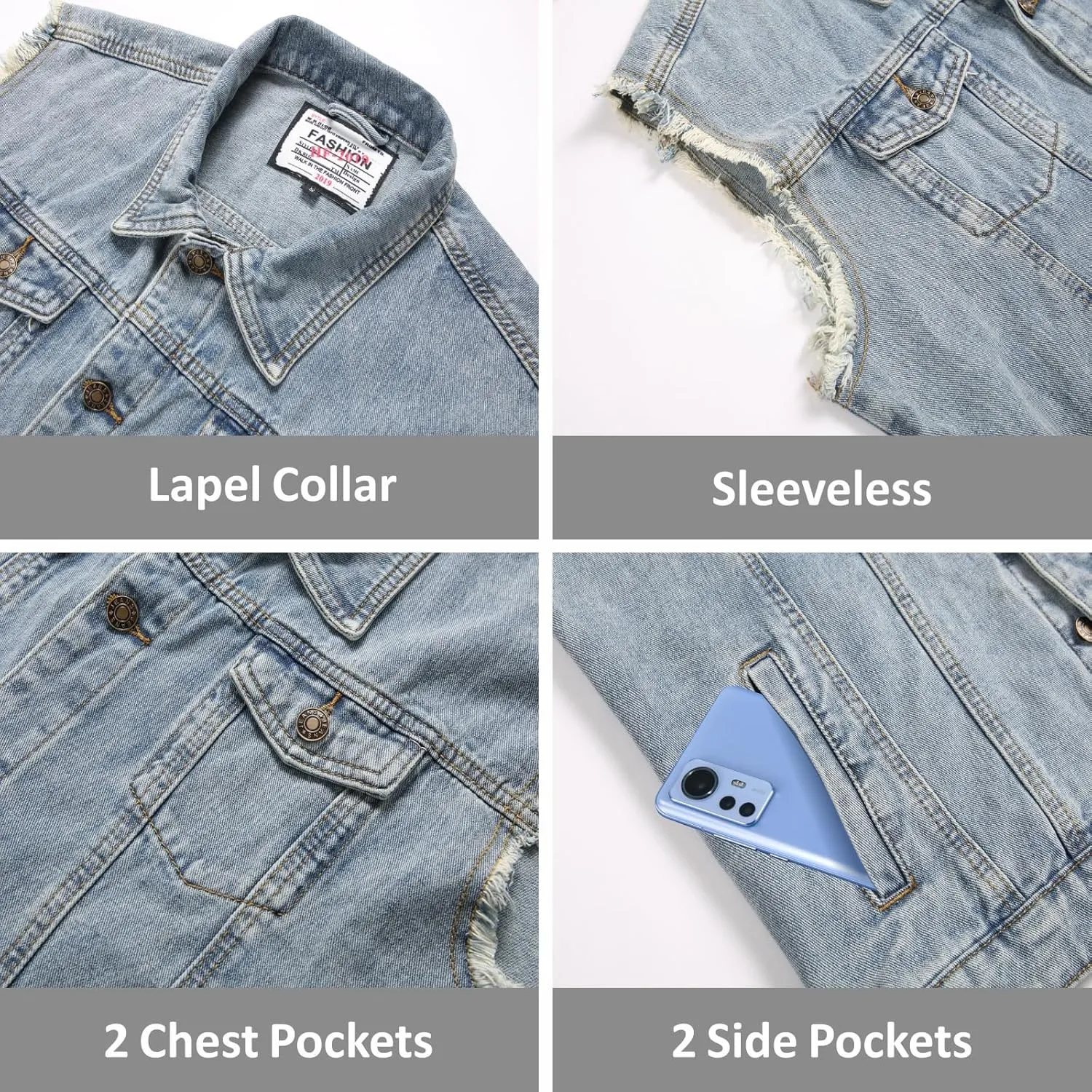 Men's Denim Vest,Sleeveless Jean Jacket Ripped Stretchy Distressed Battle Vest for Men Sleeve Less Outerwear