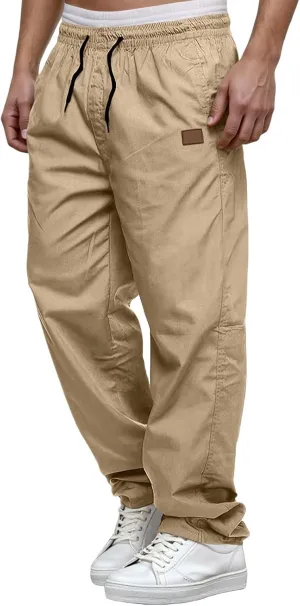 Mens Drawstring Casual Cargo Pants Elastic Waisted Straight Relaxed Fit Sweatpants Lightweight Classic Joggers wiht Pockets